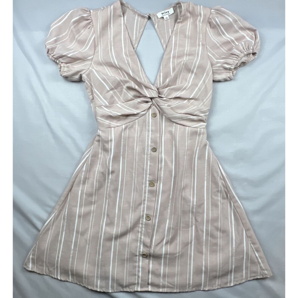Privy Mini Dress Button Closure Front Twist Tan/White Small